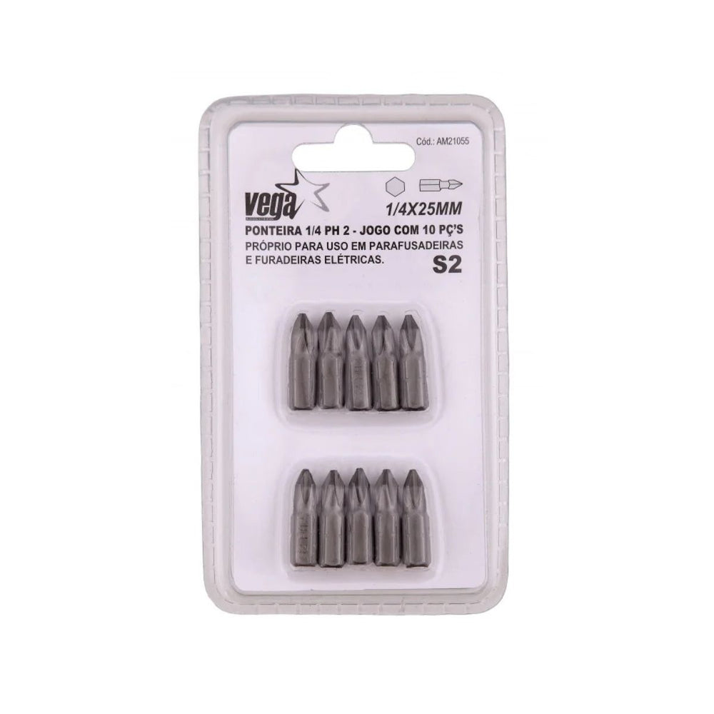 Kit Bit Philips 1/4" x 25mm PH2 Vega - 10 Peças