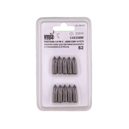 Kit Bit Philips 1/4" x 25mm PH2 Vega - 10 Peças